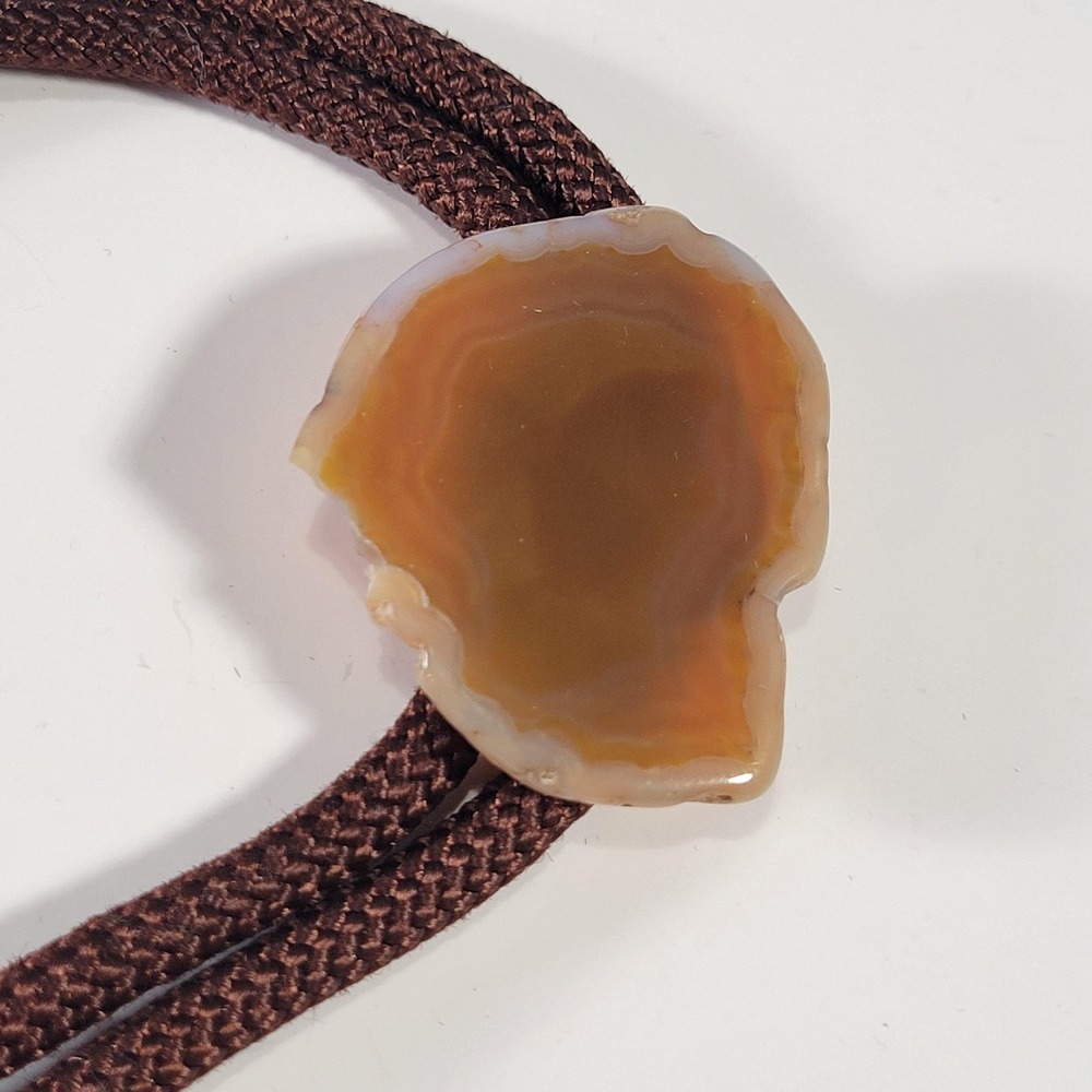 Brown Agate Slice Bolo Tie Mens Western Brass Tips Brown Cord Adjustable - Picture 3 of 8